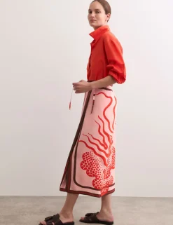 Pure Silk Linear Wave Print Midi Wrap Skirt