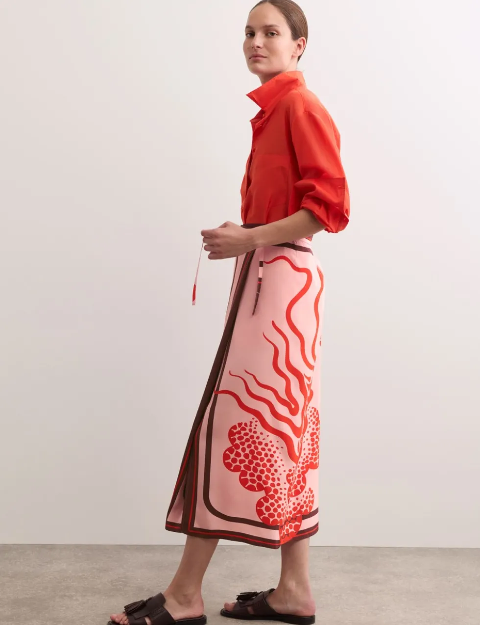 Pure Silk Linear Wave Print Midi Wrap Skirt