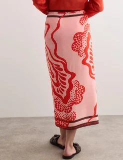 Pure Silk Linear Wave Print Midi Wrap Skirt