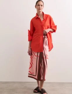 Pure Silk Linear Wave Print Midi Wrap Skirt