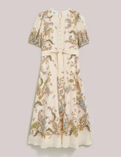 Pure Silk Paisley Belted Midi Skater Dress