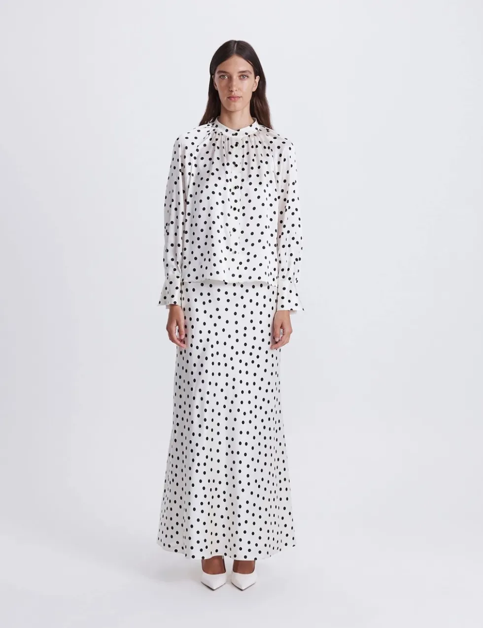 Pure Silk Polka Dot High Neck Blouse