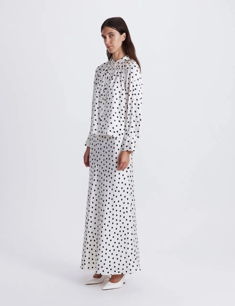 Pure Silk Polka Dot High Neck Blouse