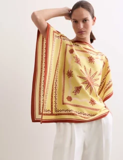 Pure Silk Printed Slash Neck Top