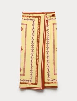 Pure Silk Scarf Print Midi Wrap Skirt