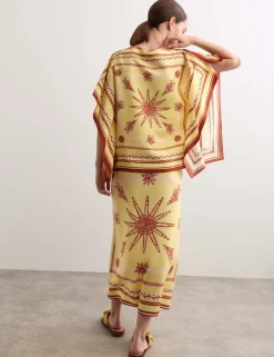 Pure Silk Scarf Print Midi Wrap Skirt
