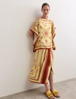 Pure Silk Scarf Print Midi Wrap Skirt