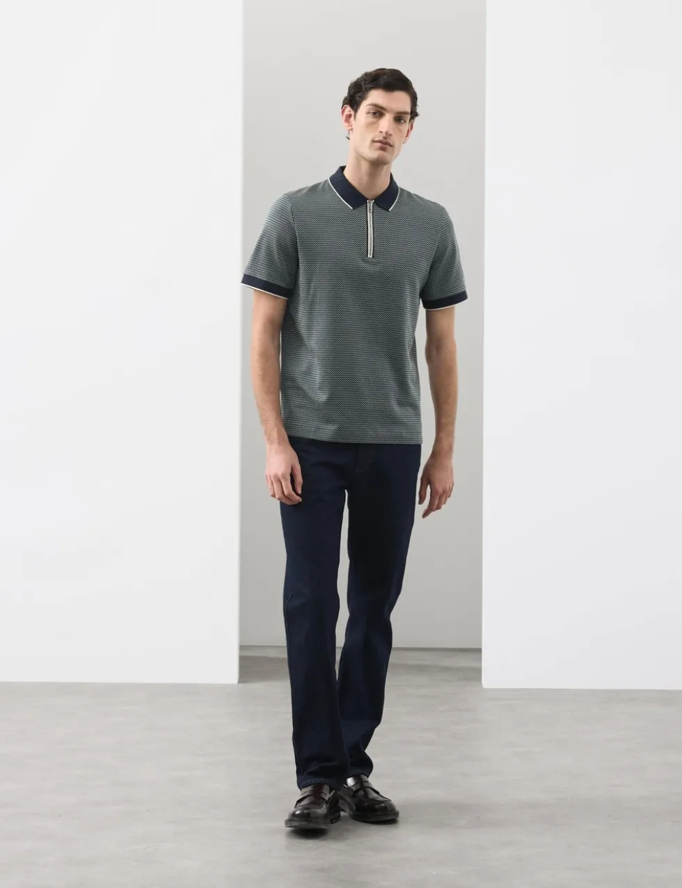 Pure Supima® CottonJacquard Zip Up Polo Shirt