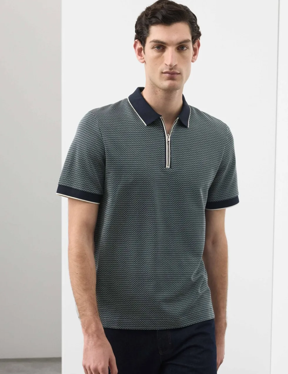 Pure Supima® CottonJacquard Zip Up Polo Shirt