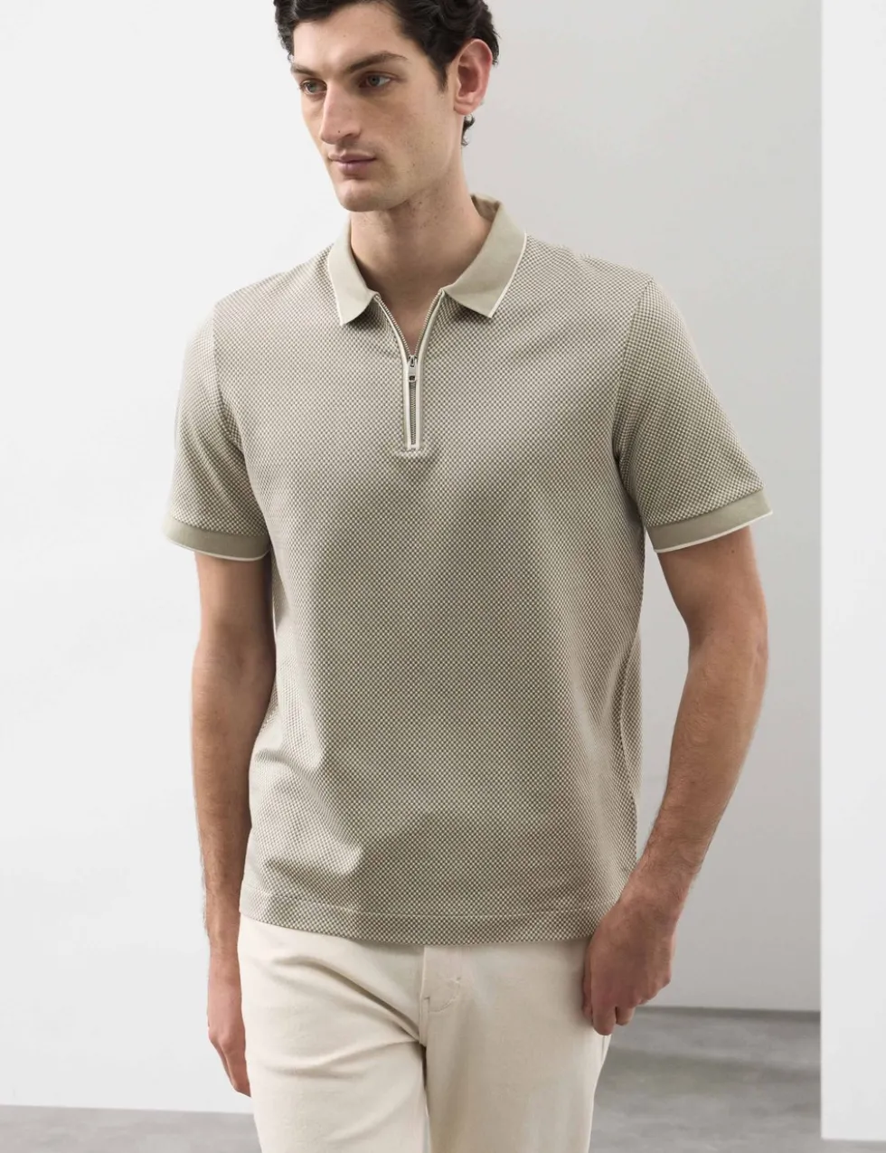 Pure Supima® CottonJacquard Zip Up Polo Shirt
