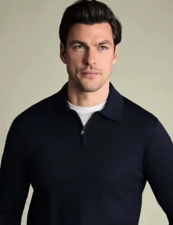 Pure Wool Half Zip Knitted Polo Shirt