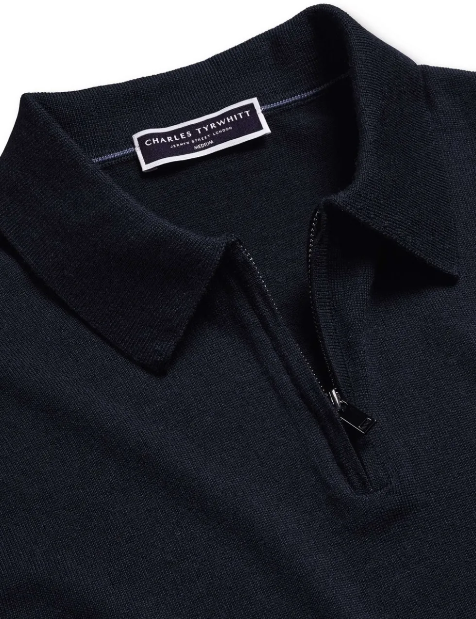 Pure Wool Half Zip Knitted Polo Shirt