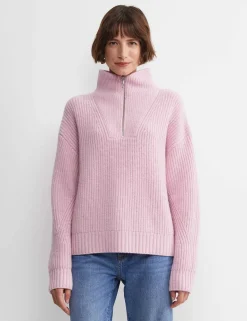 Pure Wool Ribbed Funnel Neck Half Zip Jumper