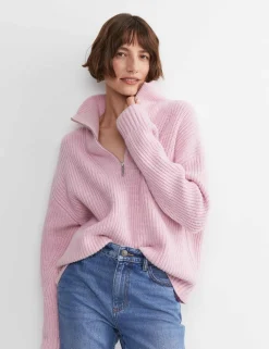 Pure Wool Ribbed Funnel Neck Half Zip Jumper