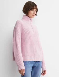 Pure Wool Ribbed Funnel Neck Half Zip Jumper