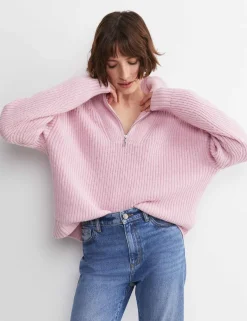 Pure Wool Ribbed Funnel Neck Half Zip Jumper