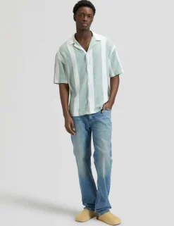 Regular Fit Linen Rich Striped Short Sleeve Shirt