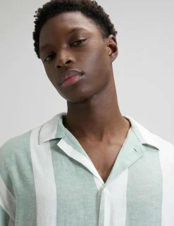 Regular Fit Linen Rich Striped Short Sleeve Shirt