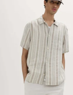Relaxed Fit Linen Rich Striped Short Sleeve Shirt