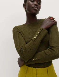 Ribbed Crew Neck Button Detail Jumper