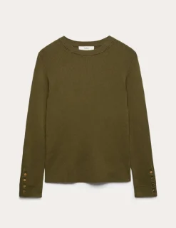 Ribbed Crew Neck Button Detail Jumper