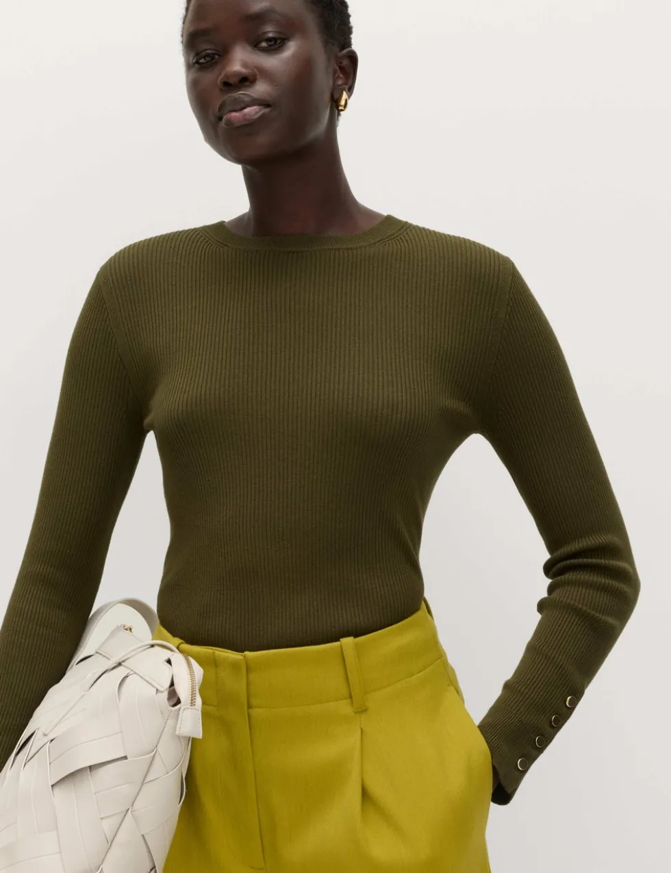 Ribbed Crew Neck Button Detail Jumper