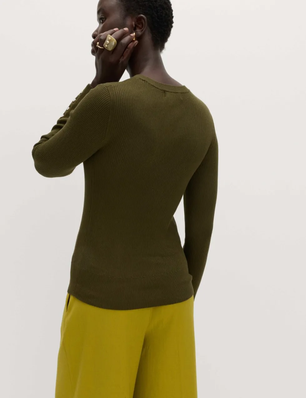 Ribbed Crew Neck Button Detail Jumper