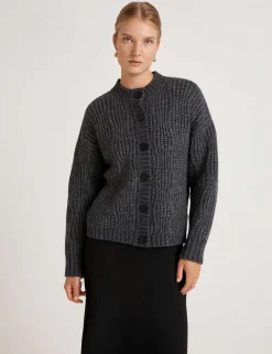 Ribbed Crew Neck Button Front Cardigan
