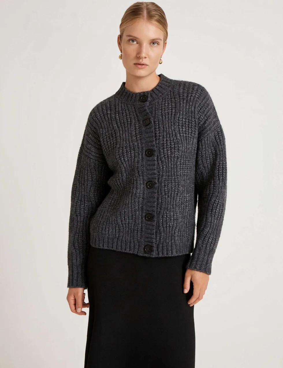 Ribbed Crew Neck Button Front Cardigan