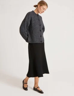Ribbed Crew Neck Button Front Cardigan