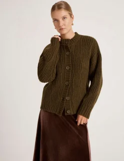 Ribbed Crew Neck Button Front Cardigan