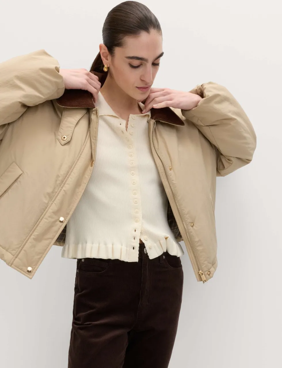 Ribbed Frill Detail Collared Cardigan