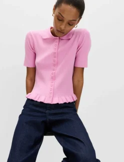Ribbed Frill Detail Collared Cardigan