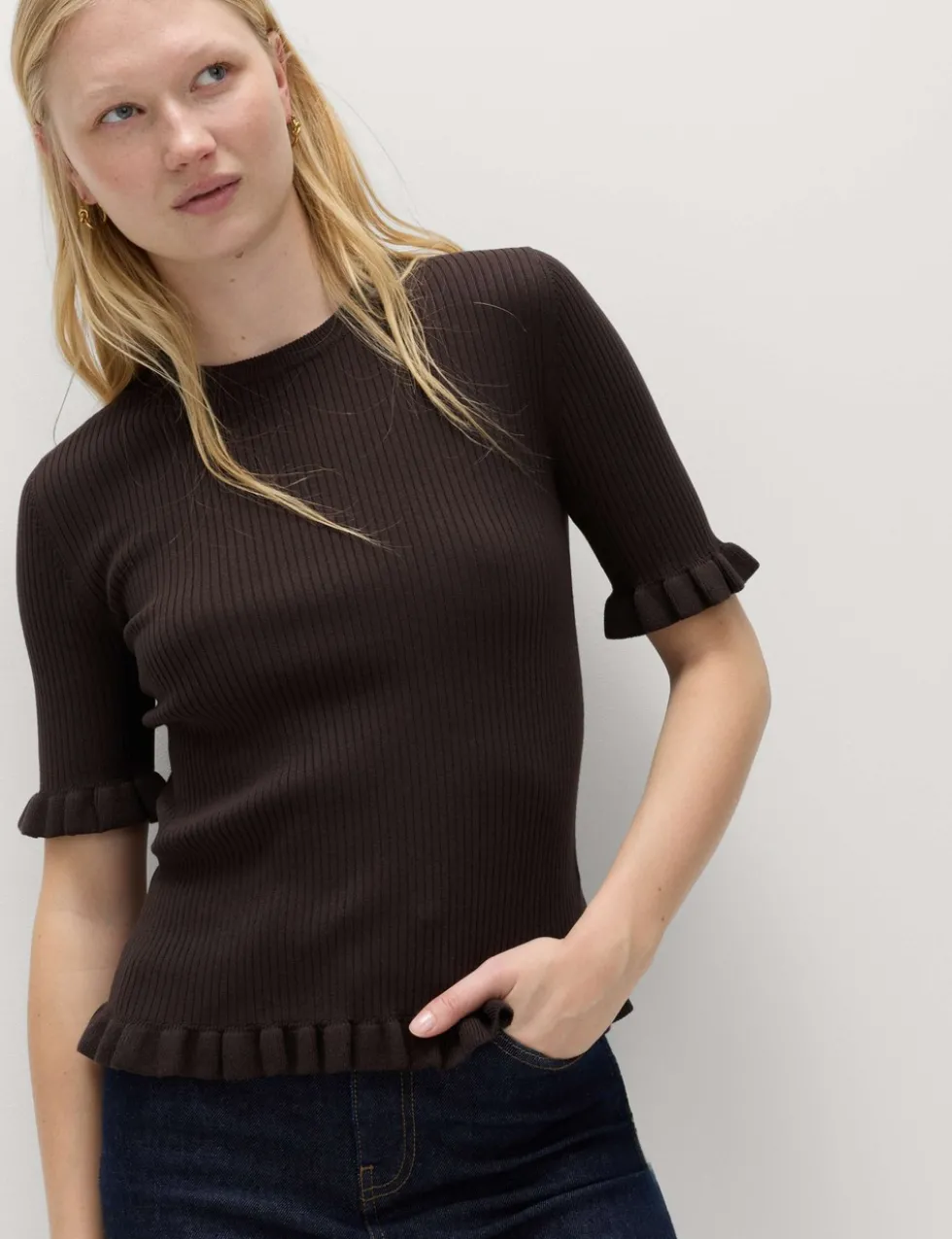 Ribbed Frill Detail Knitted Top