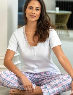 Ribbed Henley T-Shirt & Seersucker Trouser Pyjama Set