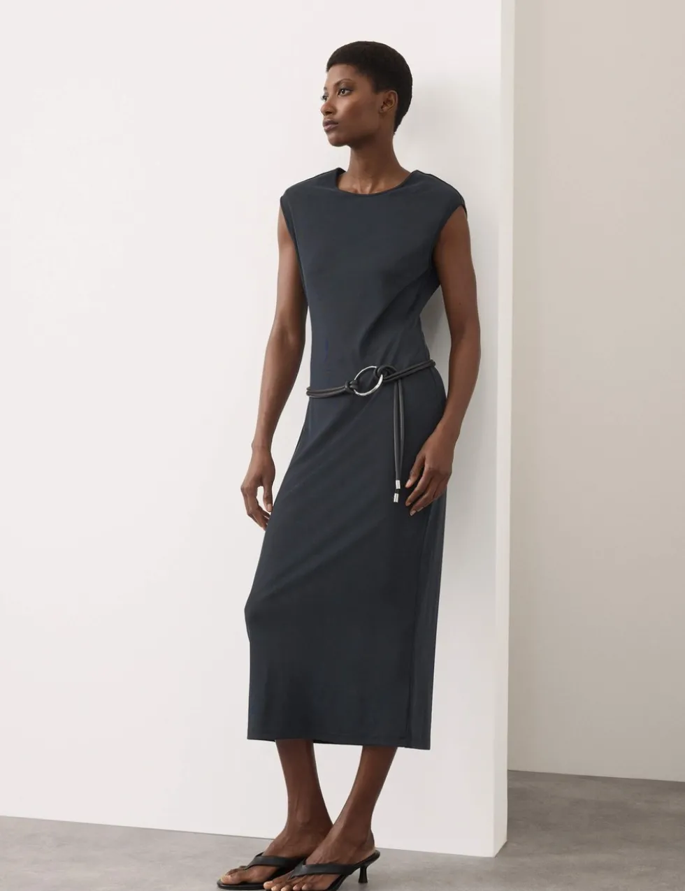 Ribbed Jersey Shoulder Pad Midaxi Dress