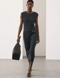 Ribbed Jersey Shoulder Pad Midaxi Dress