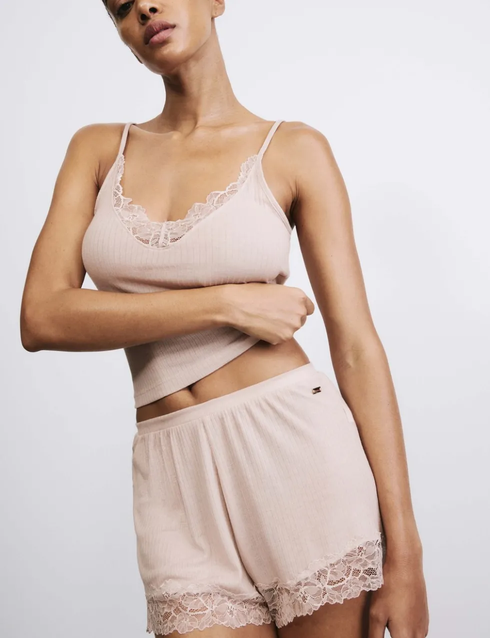Ribbed Lace Trim Pyjama Shorts with Wool