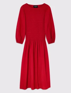 Round Neck Midi Shirred Dress with Cotton