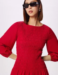Round Neck Midi Shirred Dress with Cotton