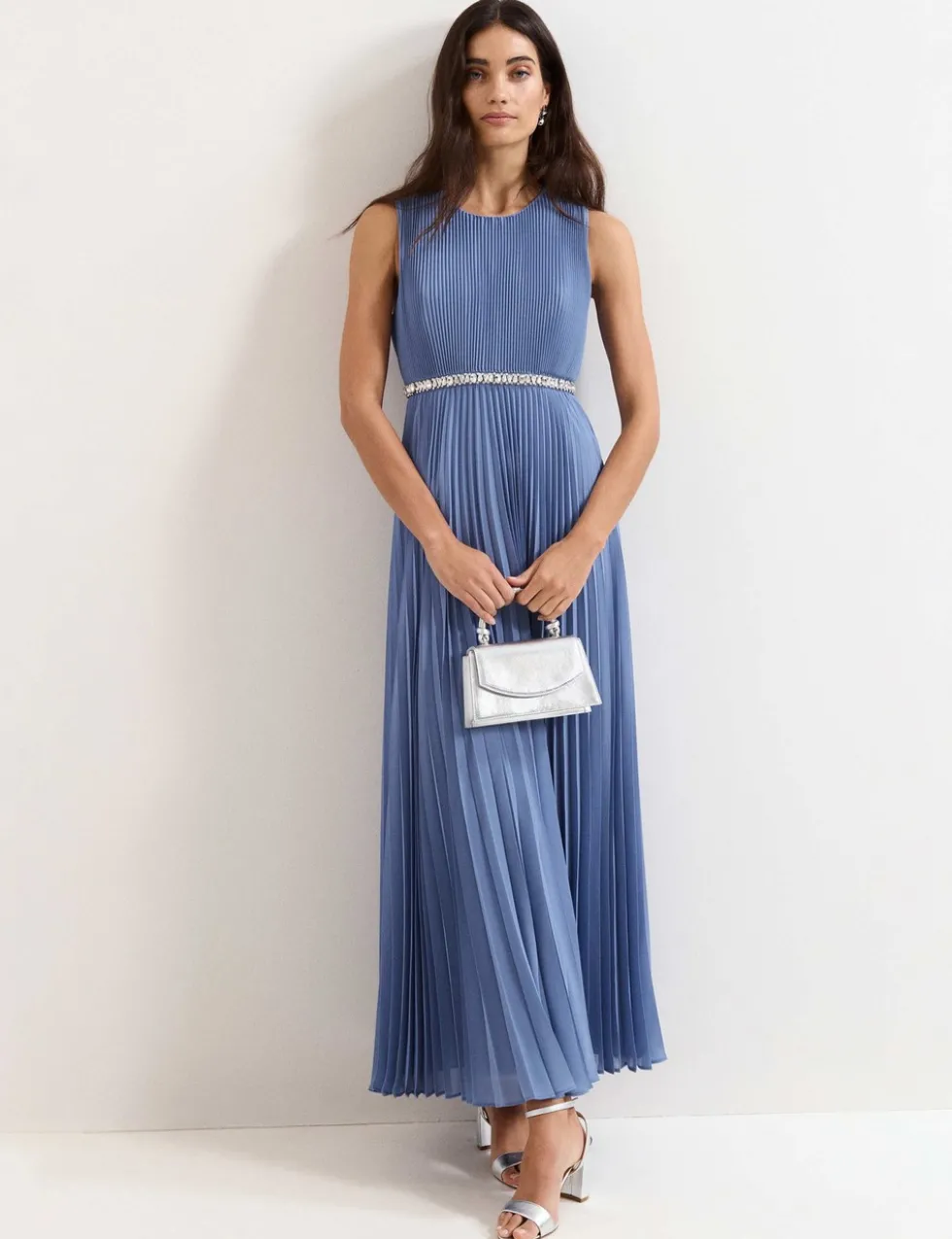 Round Neck Pleated Maxi Skater Dress