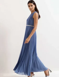 Round Neck Pleated Maxi Skater Dress