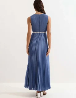 Round Neck Pleated Maxi Skater Dress
