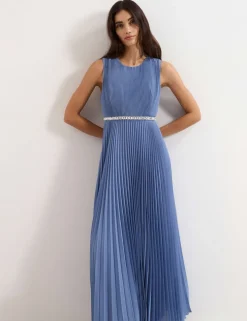 Round Neck Pleated Maxi Skater Dress
