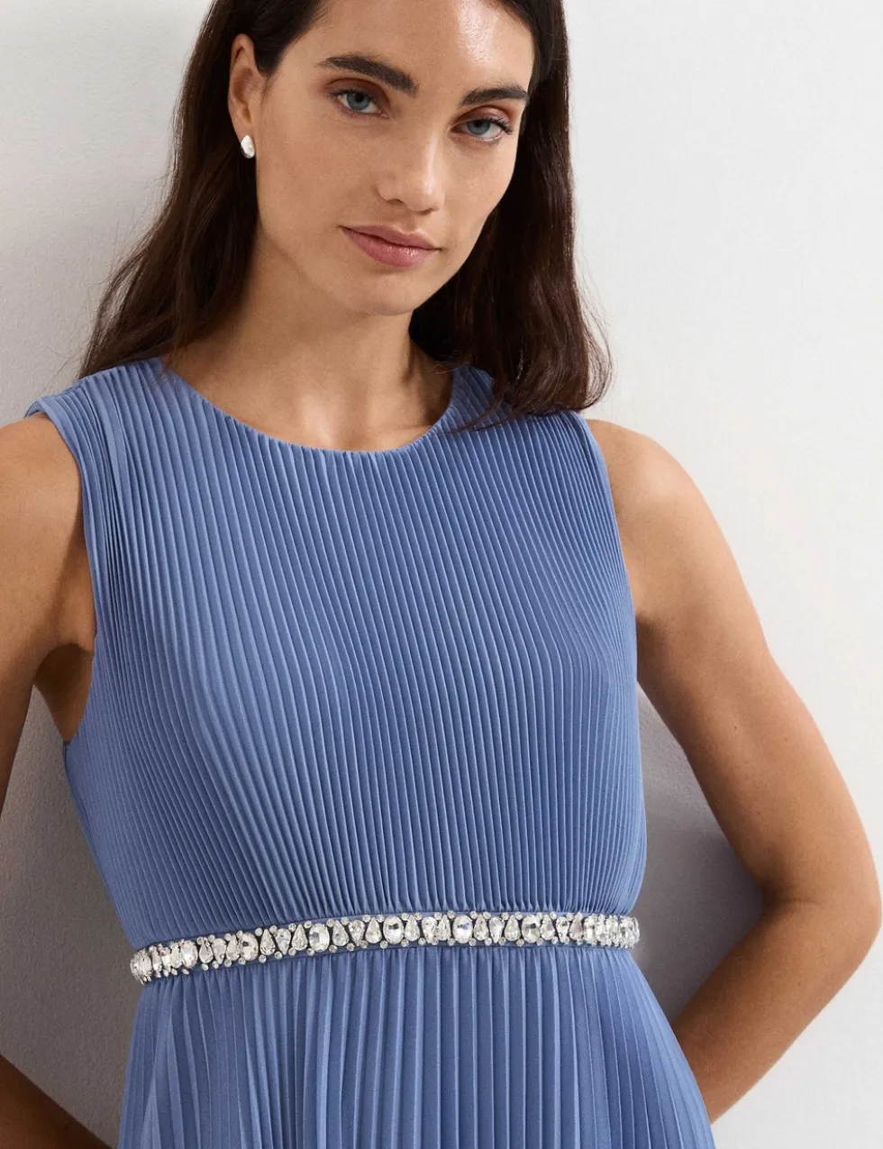 Round Neck Pleated Maxi Skater Dress