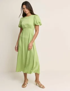 Round Neck Puff Sleeve Midi Waisted Dress