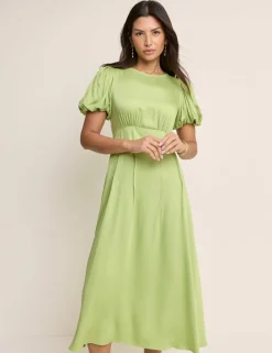 Round Neck Puff Sleeve Midi Waisted Dress