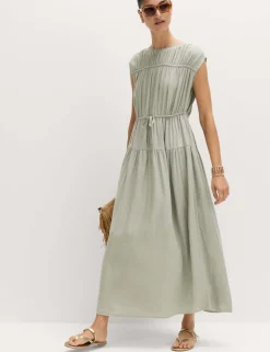 Ruched Maxi Waisted Dress with Linen