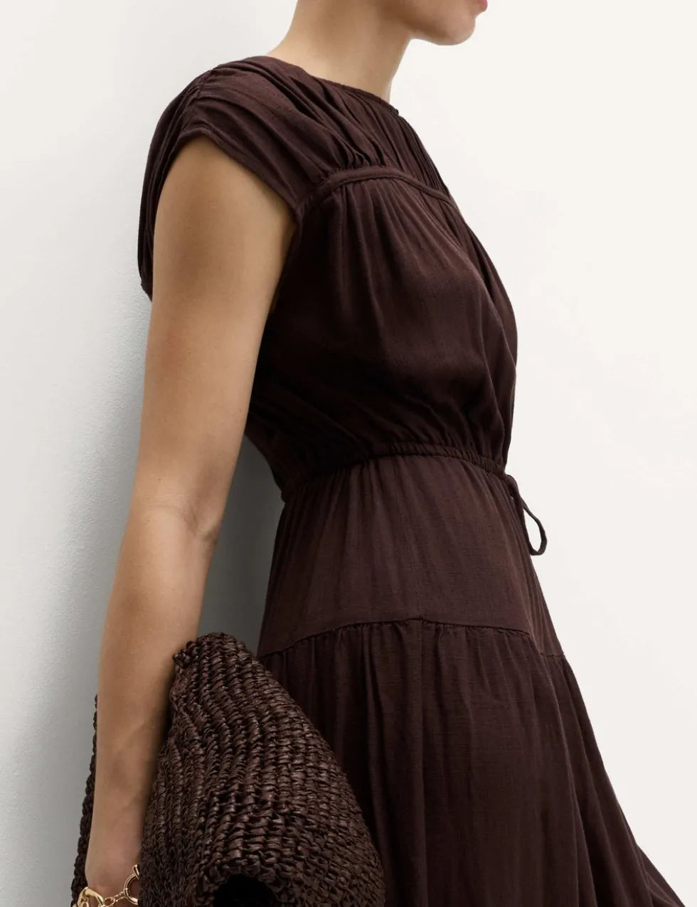 Ruched Maxi Waisted Dress with Linen