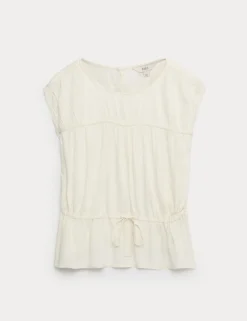 Ruched Scoop Neck Regular Fit Top with Linen